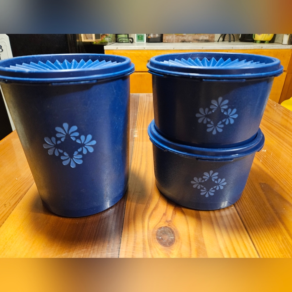 Tupperware Navy Blue Floral Bins Set